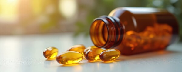 Amber bottle tipped over with golden fish oil capsules scattered on white surface. Natural supplement promotes health, wellness. Capsules contain omega fatty acids for dietary support. Cod liver oil.