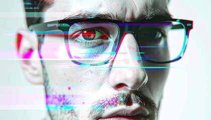 Stylized glitch portrait of serious man in glasses with pixelated distortion