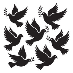Fototapeta premium A collection of seven black silhouette doves in flight each carrying a small green olive branch in its beak symbolizing peace and hope