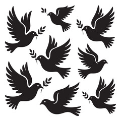 Obraz premium A flock of stylized black silhouette doves with olive branches in their beaks flying gracefully against a clean white background symbolizing peace and hope