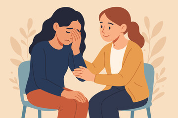Woman comforting her sad friend. Empathy and compassion concept. Mental health support. Consolation in depression. Friendship and helping hand. Sympathy and kindness.