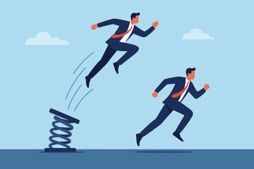 Competitive advantage, innovation to outsmart competition. Business winning strategy, a smart way for career growth. Businessman jumping from a springboard to overtake his rival.
