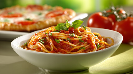 A Bowl of Fresh Tomato Pasta on a Green Surface