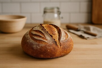 Delicious golden sourdough bread, deeply scored and crusty. Freshly baked loaf on a rustic wooden counter.