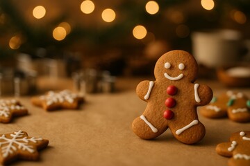 Obraz premium Joyful gingerbread man cookie celebrates holiday season. Warm lights shimmer in the background.
