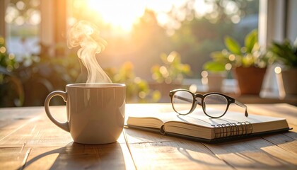Minimalist home office setup with laptop on wooden table and lush green plants by the window