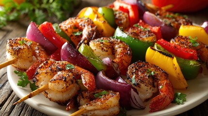 Colorful grilled skewers with shrimp and vegetables