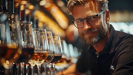 Sophisticated wine tasting event with glasses lined up and a sommelier pouring wine, showcasing the elegance and enjoyment of viticulture