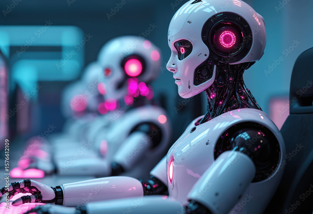Poster robots operate as call center agents in futuristic environment, handling customer interactions throu
