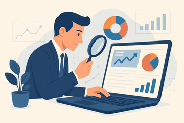 Business data analysis, market research, financial report review, SEO analytics, profit and earnings concept, businessman analyst with magnifying glass, growth charts