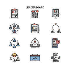 Leaderboard icons set. A collection of colorful, vector-based illustrations related to achievement, teamwork, data analysis, and management