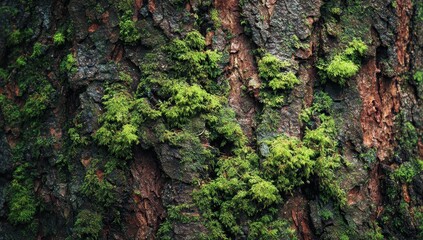 Close-up of tree bark textured with damp, mossy patches of vibrant green against a backdrop of dark brown, reddish-brown, and gray tones