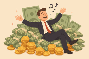 Rich man on money pile. Financial independence, retire early concept. Happy businessman success, investment profit. Wealthy character singing on cash. Finance freedom.