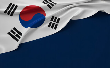A patriotic presentation of the South Korean flag elegantly draped over a rich, navy blue background offering ample space for text and design.