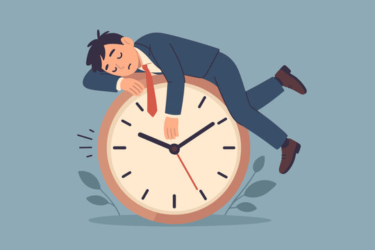 Procrastination, wasted time, low productivity, lazy businessman sleeping on clock, tired, lack of motivation, slow work, self discipline problem, efficiency, burnout concept
