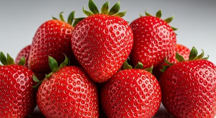 A group of fresh strawberries with water droplets, isolated on neutral grey
