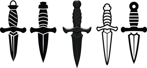 Five daggers in various graphic styles and shapes are displayed in a row on a white background, perfect for illustrating historical weaponry or fantasy themes.