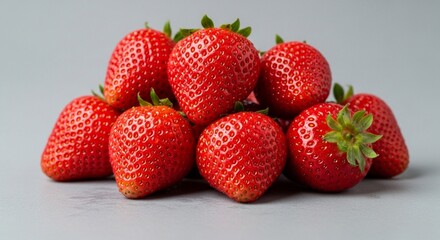 A group of fresh strawberries with water droplets, isolated on neutral grey