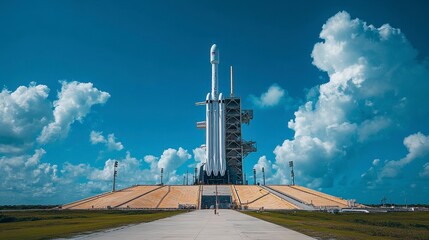 Impressive Rocket on Launch Pad Against Bright Blue Sky with Clouds