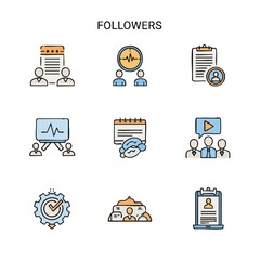 Set of colorful vector icons and illustrations depicting concepts related to followers, content management, schedule, marketing, and strategy