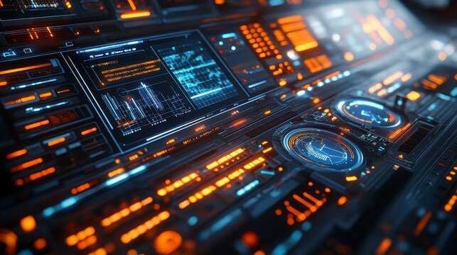Futuristic Control Panel with Glowing Interfaces and Data Displays