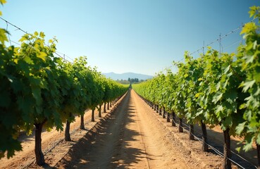 Naklejka premium Vineyard rows stretch into distance under clear sky. Rich green grapevines, trimmed for growth, line sandy path. Agriculture and viticulture in rural landscape.