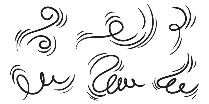 Doodle wind line sketch set. Hand drawn doodle wind movement, air blowing, vortex elements. Sketch of air blowing movement, abstract lines. Isolated vector illustration.