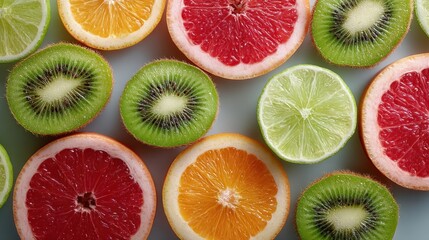 Fototapeta premium Vibrant Citrus and Kiwi Slices Background for Healthy Eating Concept