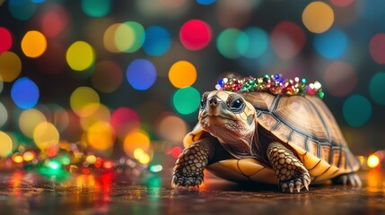 Adorable Turtle with Colorful Lights and Decorations on Holiday Surface