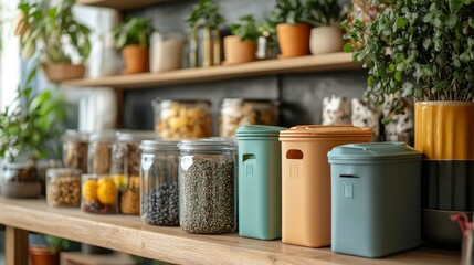 Cozy Kitchen Shelf with Containers and Plants in Bright Lights