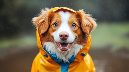 Happy Dog in Yellow Raincoat Enjoying Rainy Day Outdoors