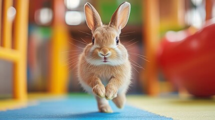 Cute Bunny Rabbit Playing and Running in Colorful Indoor Setting