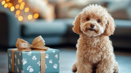 Adorable Brown Dog with Gift Box in Cozy Living Room Setting