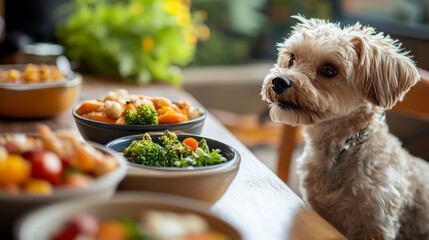 Dog Curiously Observing Healthy Food Spread on Dining Table