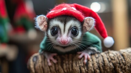Adorable Sugar Glider in Santa Hat for Holiday Celebration