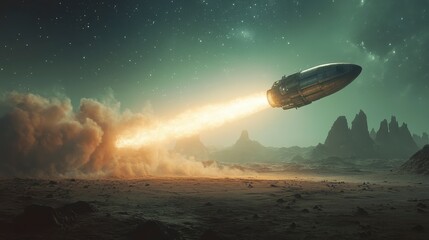 Futuristic Rocket Launching into Space with Cosmic Background