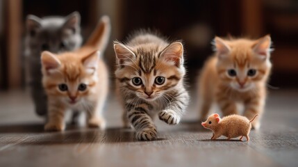 Playful Kittens Chasing Toy Mouse in a Cozy Indoor Environment