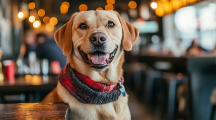 Happy Labrador Retriever Sitting in a Cozy Cafe with Blurred Lights
