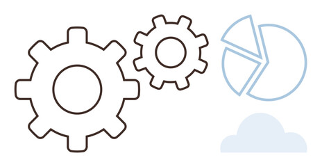 Interlinked gear icons with pie chart and cloud, symbolizing teamwork, process optimization, data analysis. Ideal for technology, teamwork, innovation, business strategy, cloud computing analytics