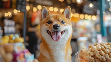 Happy Shiba Inu Dog Smiling at Outdoor Cafe with Bright Background