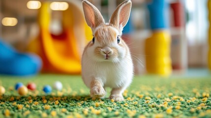 Playful Rabbit in Colorful Indoor Play Area with Soft Surface