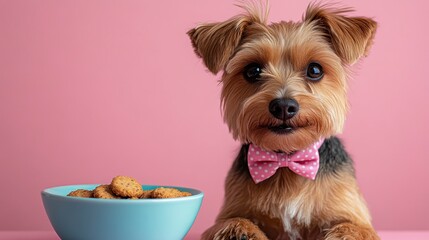 Cute Yorkshire Terrier Dog with Bowtie and Snack Bowl on Pink Background