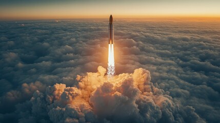Rocket Launching Into Sky Above Clouds at Sunset During Mission