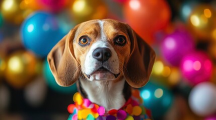 Happy Beagle Dog with Colorful Balloons and Party Decorations