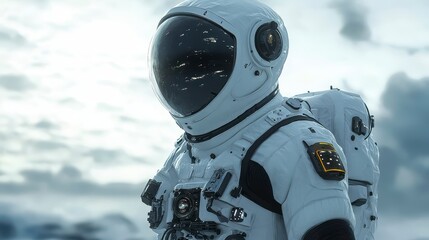 Astronaut in Futuristic Space Suit Against A Cloudy Sky Background