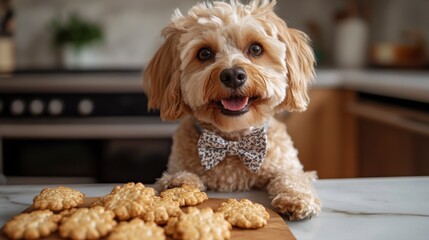 Adorable Dog in Bow Tie Posing with Homemade Cookies on Table