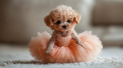 Cute Small Dog in Fluffy Dress Sitting on Soft Carpet indoors