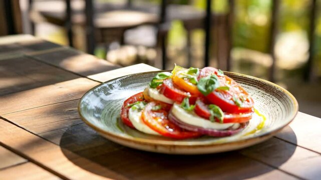 Fresh caprese salad with sliced tomatoes, mozzarella, and basil on a rustic plate.
