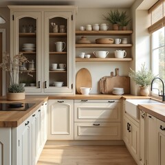 Beige kitchen interior elegant design with wood countertops, cream cabinetry, open shelving displaying kitchenware. Modern farmhouse sink, black faucet complement clean aesthetic. Natural light