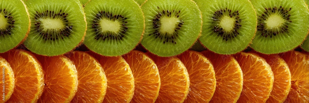 Poster colorful abstract pattern created from sliced kiwis and oranges arranged in a vibrant display agains